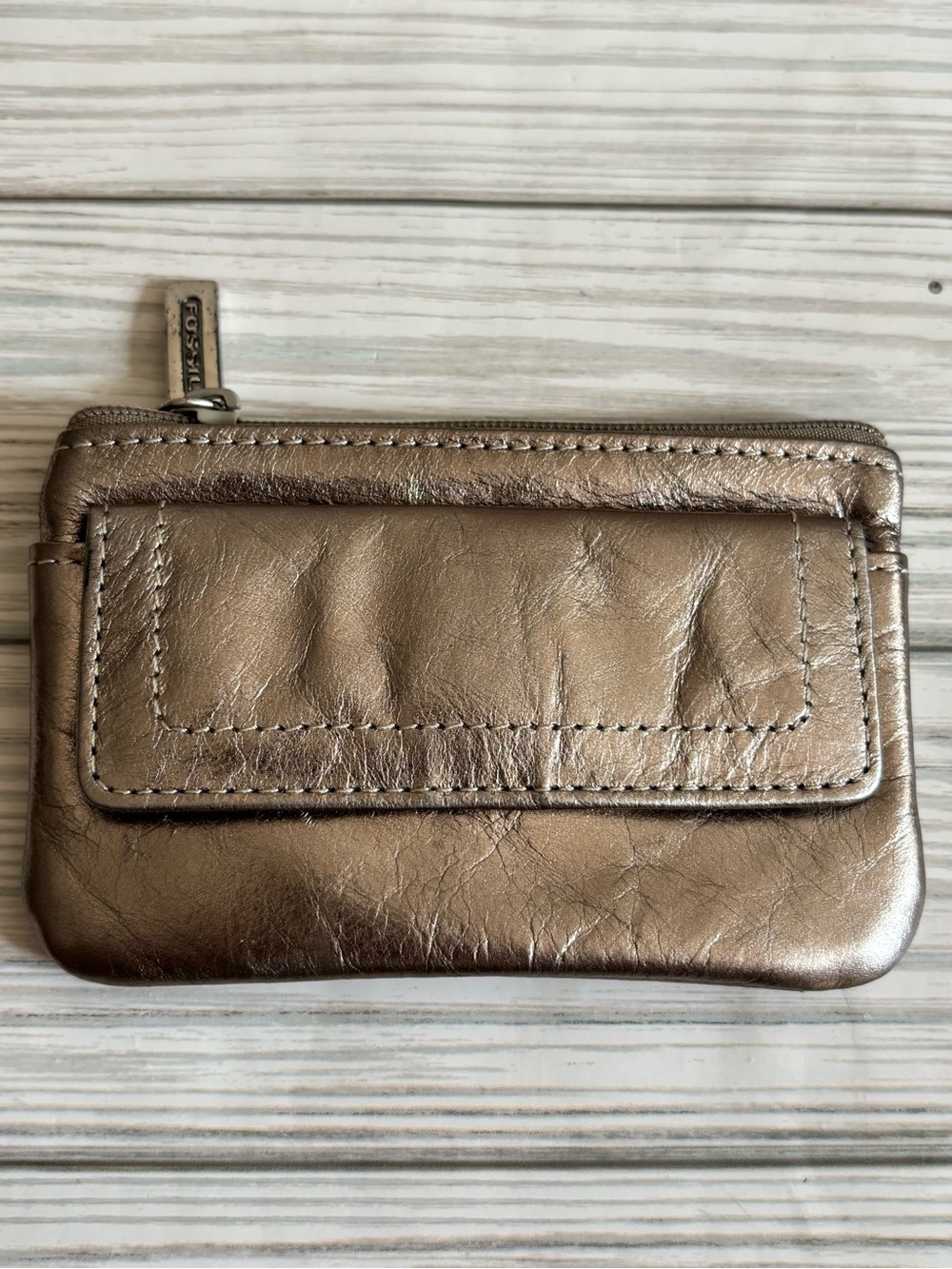 Vintage Fossil Metallic Bronze Leather Zip Card Wallet